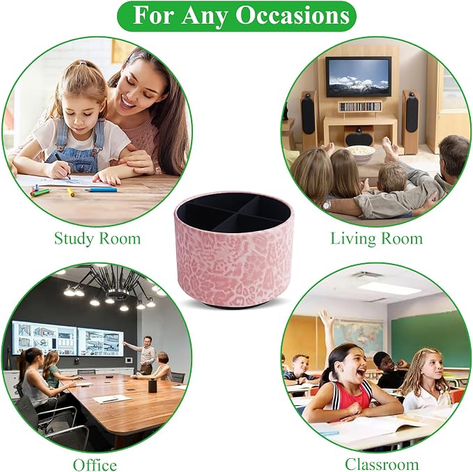 Round Leather Art Supply Organizer,Remote Control Holder,360 Degree Rotating,Multi-Functional Pencil Holder,4 Compartments Desktop Stationary Organizer(1-Leopard Pink)