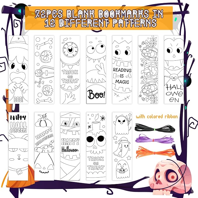 75Pcs Halloween Color Your Own Bookmarks, Kids DIY Coloring Blank Bookmarks Halloween Party Game Prize Art Craft Supplies for Teachers Students Fillers Classroom Reading Club Rewards Book Decor
