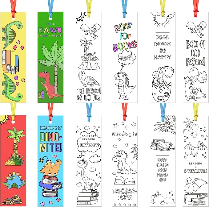 75PCS Color Your Own Bookmarks DIY Coloring Blank Bookmark for Kids Classroom Art Craft Supplies for Children Teachers Students Birthday Gift Party Reward Goodie Fillers (Dinosaur)