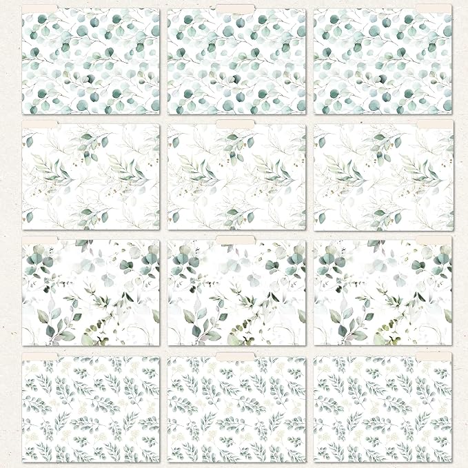 Bloom Daily Planners Decorative File Folders - Set of Twelve Letter Size (8.5” x 11”) Organizers, 1/3 Cut Tabs - Assorted Designs - Eucalyptus, 12-Pack