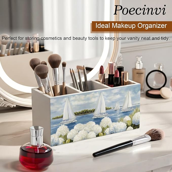 White Hydrangea Coastal Beach Pen Holder for Home Office Desk, Beach House Decor, Nautical Sailboat Hydrangea Flower Wooden Box Sign Pencil Holder for Desk Shelf Organizer