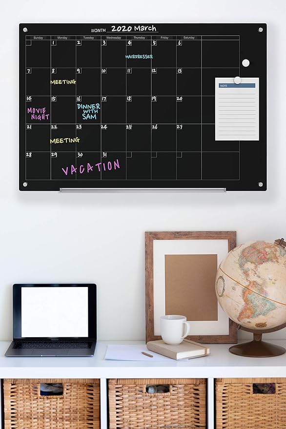 Audio-Visual Direct Magnetic Black Calendar Glass Dry-Erase Board Set - 3' x 2' - for Wall - Monthly Planner