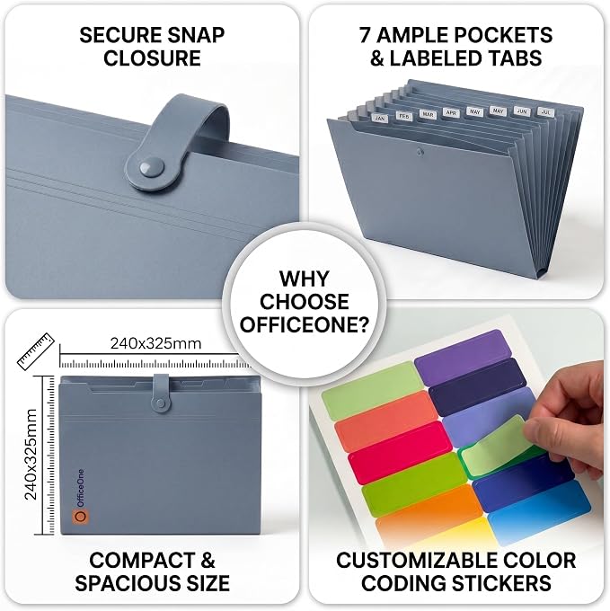 OfficeOne 8-Pocket Expanding File Folder, A4 Letter Size Accordion Document Organizer with Snap Closure, Labeled Tabs & Customizable Color-Coding Stickers, Home Office School (Slate Blue)