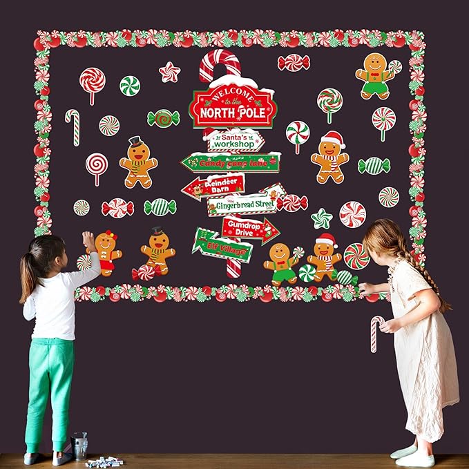 Christmas Bulletin Board Set Christmas North Pole Sign Classroom Decorations Xmas Gingerbread Candy Cane Paper Cutouts Decor for School Door Wall Winter Holiday Party Supplies