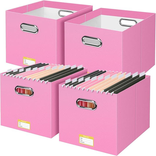 BALEINE File Organizer Box, Cardboard File Folder Organizer with Handle for Letter Size, Portable Collapsible Hanging Filing Box for Home Office Document Storage (4 Pack, Large Pink)
