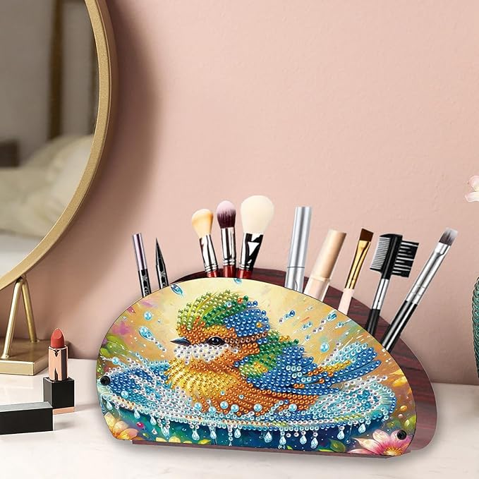 Remote Control Holder with 4 Compartments, DIY Diamond Art Painting Wooden Half Moon TV Control Holder for Remote Controllers, Office Supplies, Makeup Brush, Media Accessories-Bird