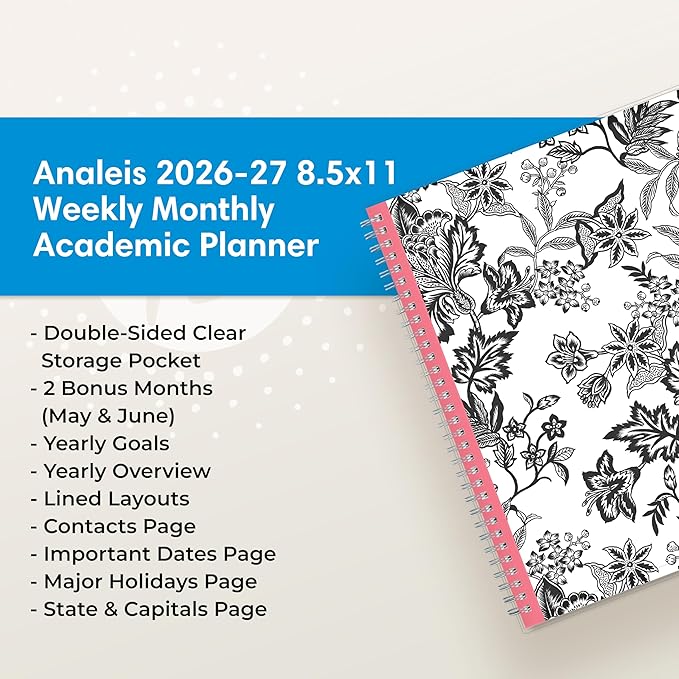 Blue Sky 2026-2027 Weekly and Monthly Academic Year Planner Calendar, July 2026 - June 2027, 8.5" x 11", Flexible Pocket Cover, Wirebound, Storage Pocket, Analeis