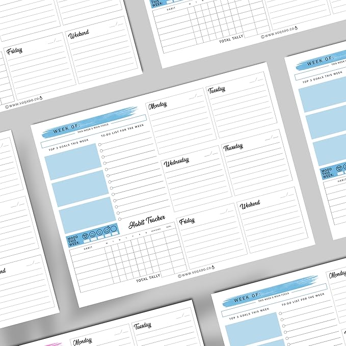 Weekly Planner Pad Tear Off (Magnetic) Full Year Productivity Planner, 50 Undated Sheets for Daily Schedule, To-Do Lists, Habit Tracking, Academic Planning, and Work Agenda (8.5 x 11 Inches, Blue)