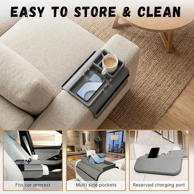 2PCS Couch Cup Holder Tray, Silicone Sofa Armrest Tray with Side Pockets, Anti-Slip Couch Arm Organizer Storage for Cell-Phone Tablet or Snack Remotes (Gray)