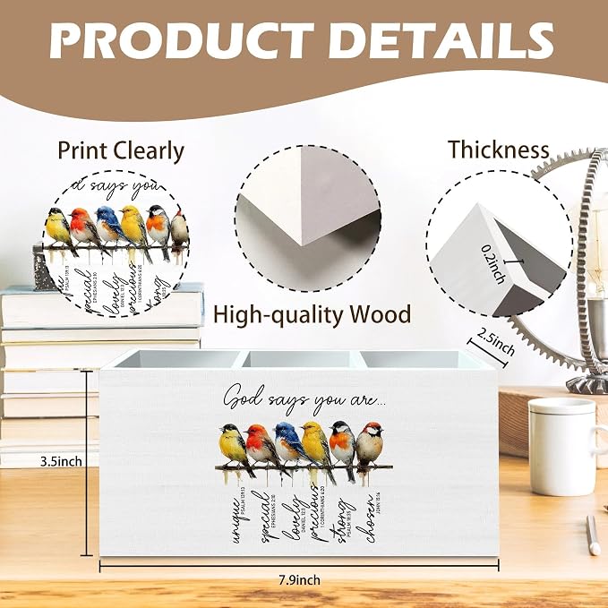 DILSJ Christian Bird Pen Pencil Holder Organizer for Desk, Inspirational Christian Gifts for Women, God Says You Are Bible Verse Bird Wooden Box Signs for Home Office Desk Tabletop Decoration