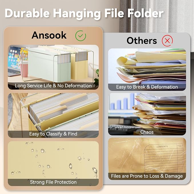 Ansook Legal Size Hanging File Folders, 6 Pack Expandable 4 Inch File Folders Legal Size, Plastic Legal Hanging File Folder Organizers for Filling Cabniet, Insertable 1/5-Cut Tabs - Assorted Colors