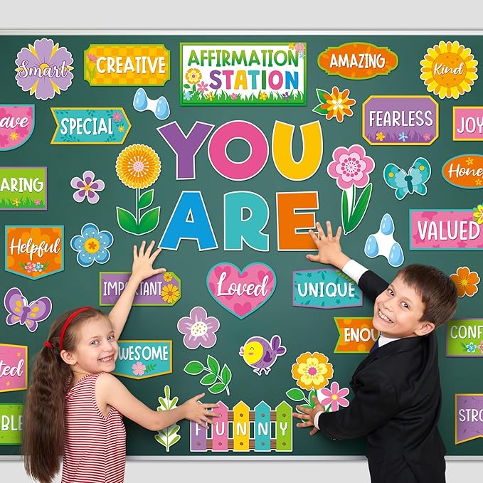 45pcs Spring Affirmation Station Bulletin Board Set Motivational Posters Classroom Mirror Growth Mindset Decor Positive Affirmations Accents Cutouts for School Office Home Teacher Wall Supply