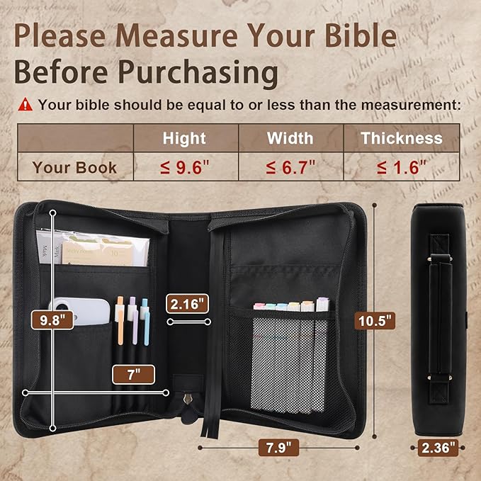 Classic Leather Bible Cover Case with Cross Design and Handle for Men Women, Durable Bible Study Supplies Organizer Carrying Bag, Perfect Christmas Gifts for Christians with Gift Box（Black