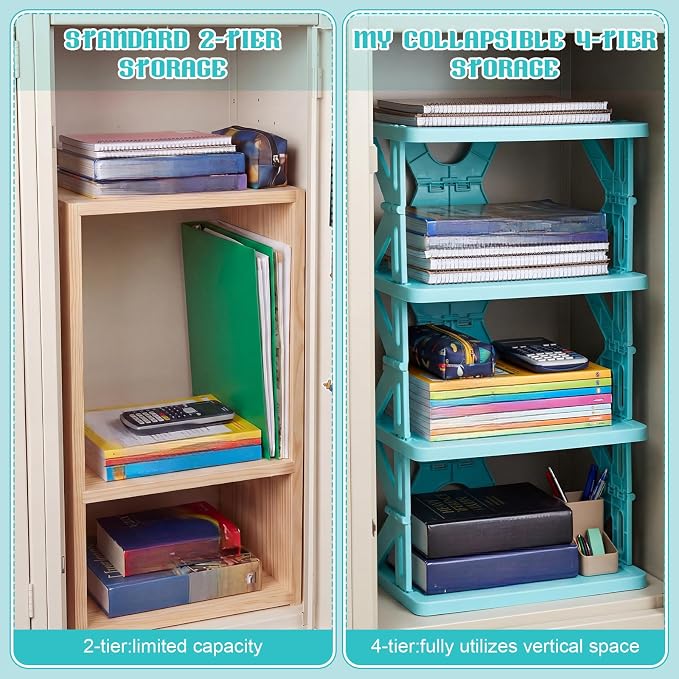 Lineshading 4 Tier Foldable Locker Organizer Shelf Foldable Storage Shelves Locker for School, Office, Gym Lockers, Dorm Room, Multi-Layer Shoe Gear Tower, Heavy-Duty No-Tool Portable Shelf (Blue)