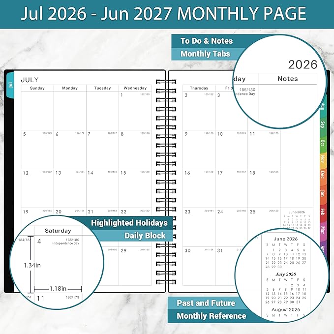 Planner 2026-2027 - Academic Planner 2026-2027, July 2026 - June 2027, 6.3" x 8.4", 26-27 Planner Weekly and Monthly, Colorful Tabs, PP Cover, A5 Thick Paper, Twin-Wire Binding - Black