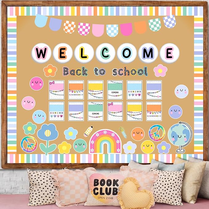 Mooliwe 94 Pcs Composition Notebook Classroom Decor Welcome Back to School Bulletin Board Set Checkered Classroom Decor Smile Face Stationery Paper Cutouts for First Day of School Wall Door(Colorful)