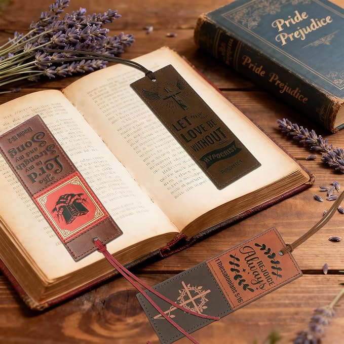 8PCS Leather Bookmark Bible Bookmarks for Reading Women Men Teacher Book Lovers Gifts, Stitched Religious Christian Bookmark Page Markers Inspirational Bible Verse Scripture Book Marks (Vintage)