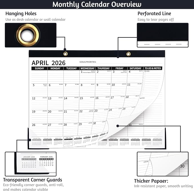 Desk Calendar 2026-2027 – Apr 2026 – Dec 2027, 21 Monthly Desk Calendar, 2026 Large Desk Calendar, 17'' x 12'', 2026-2027 Desk/Wall Calendar with To-do Lists, Desk Pad, Ruled Blocks, Corner Protectors