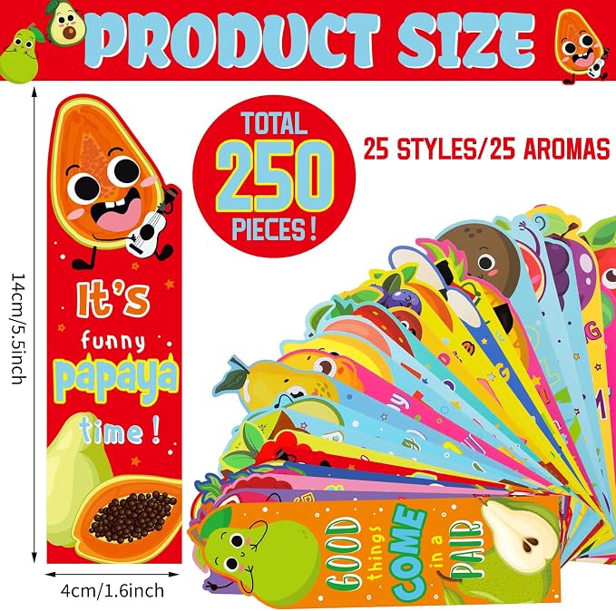 Fainne 250 Pcs Scented Bookmarks Kids Bulk Scratch and Sniff Bookmarks Fun Fruit Food Assorted Educational Bookmark for Students Teens Reader 25 Styles, 25 Scents