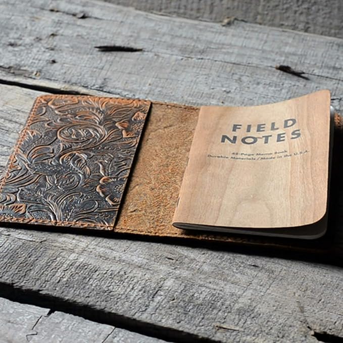 JJNUSA Distressed Leather Checkbook Journal Cover for Field Notes Moleskine Cahier Notebook Pocket size 3.5" X 5.5" Vintage Refillable Notepad Flower Brown
