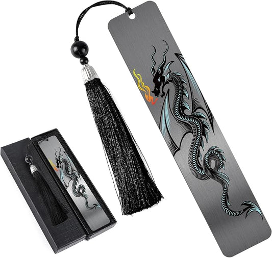 Dragon Metal Bookmark for Men Boys, Cool Book Page Marker with Tassel and Gift Box, Black Reading Clip for Office School, Birthday Christmas Inspirational Gifts
