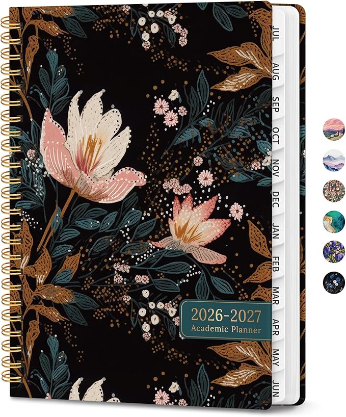 Planner 2026-2027, Monthly and Weekly Academic Planner July 2026 - June 2027, Hardcover Student Teacher Planning Agenda Calendar Book with Tabs, Perfect for Office School Supplies, A5 (6.3" x 8.5") - Vintage Petals