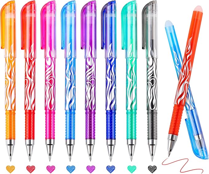 RIANCY 8 Pack Colored Erasable Gel Pens, 0.5mm Fine Point with Eraser, Flame Pattern Barrel, Erasable Pen Set for Journaling, Note Taking, Planner Writing, Drawing, School, Office, Home and DIY Crafts