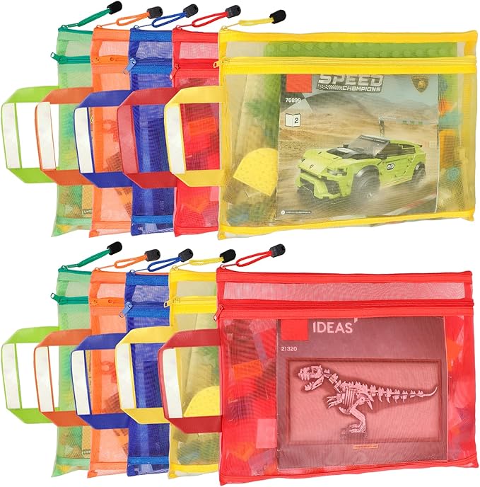10 Pack 5 Color Mesh Zipper Pouch Bags, Nylon Puzzle Building Block Sets Toy Storage & Organization, Breathable See Through A4 Zipper Pouch with Handle for School Games