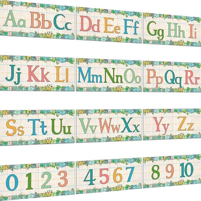 12 Pieces Alphabet Bulletin Board Strips Set Alphabet Line ABC Alphabet Banner & Number Border Posters for Preschool Kindergarten Classroom Playroom Bedroom (Succulent)