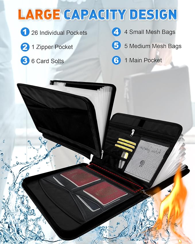 Fireproof Important Document Organizer Bag, a-z Accordion File Organizer 26 Pocket with Handle,Holder for Documents, Cash, Receipt, Birth Certificate, Passport, Citizenship Certificate, etc.