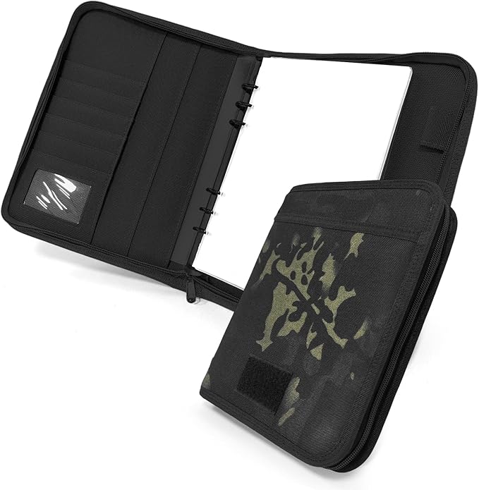 Tactical Notebook Cover, A5 Padfolio 6 Ring Binder with Big Back Pocket & Hand Strap, Zippered Hardcase Planner for Journal, College, Office, Field (Black Camo, A5(7.3 x 10 inches))