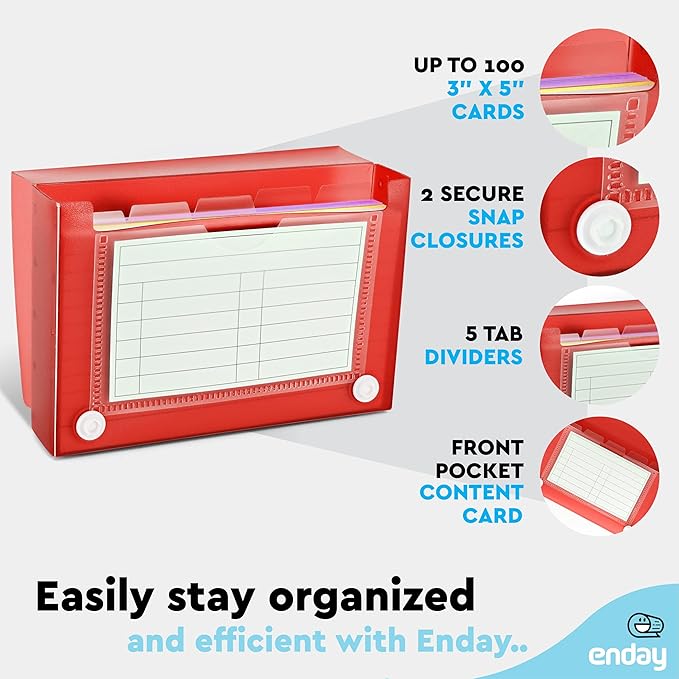 Index Card Holder Red, 3x5 Note Flash Card Organizer Case, File Box with 5 Dividers, Notecard Box Holds 100 Cards, Also Available in Blue, Purple, Green, Pink, Grey, 1 Pack – By Enday
