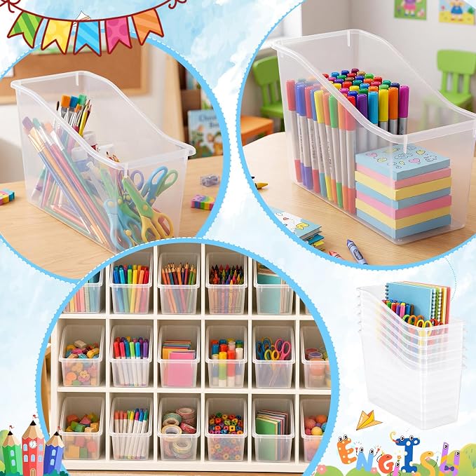 Fuutreo 24 Pcs Pieces Book Bins for Classroom Plastic Binder Holder Magazine Stuff Folder File Organizer Box for Home Office School Supplies (Clear)