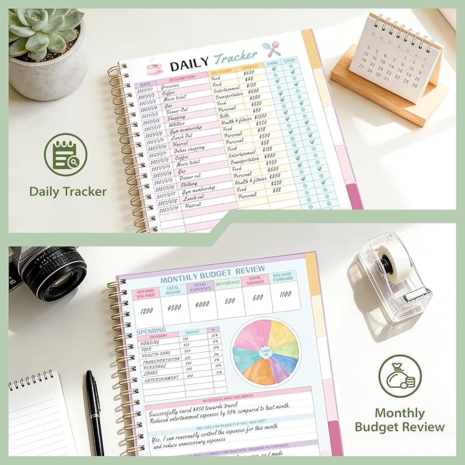 Ospelelf Budget Planner and Monthly Bill Organizer, Spiral Bindding Money Expense Tracker with Pockets & Stickers, 9" X 11" Large Pages for Spacious Writing, Original Fun Colorful Design, 12 Month Financial Notebook Green Floral