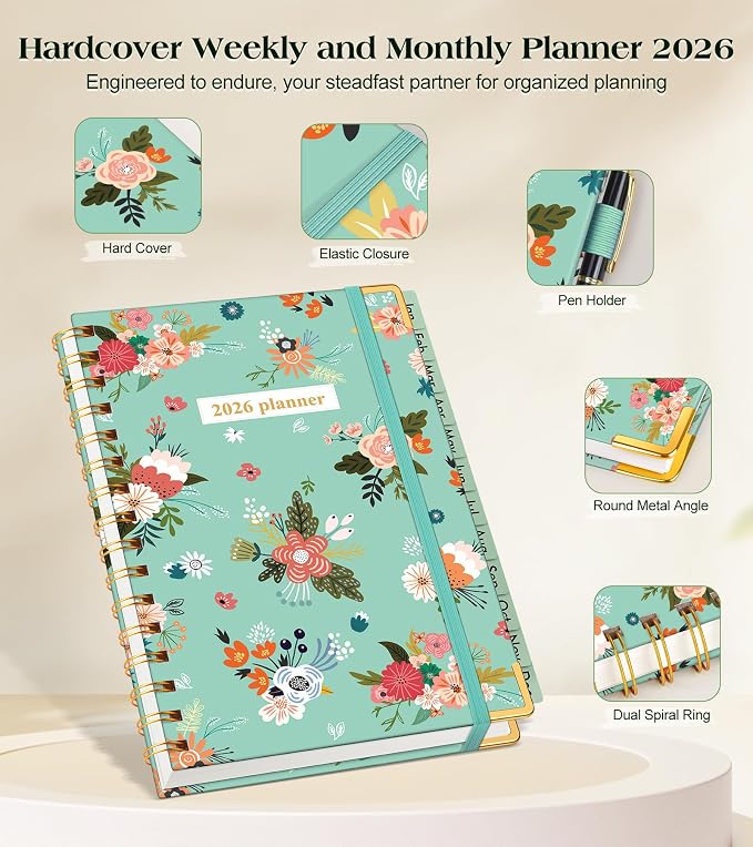 2026 Planner, Hardcover Weekly and Monthly Planner for Women, January 2026 - December 2026, Spiral Yearly Agenda Organizer Book 2026 with Tabs, Daily Calendar Planners for School Work Home, A5 (5.75" x 8.38"), Teal Floral