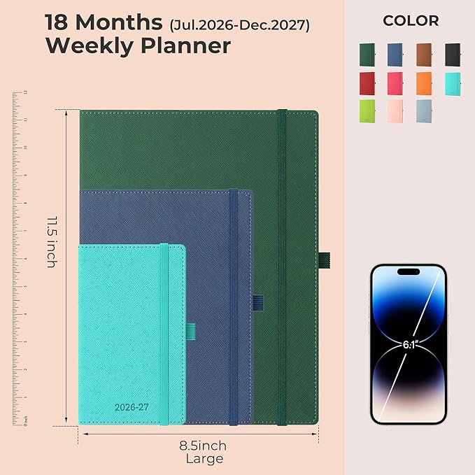 Weekly Monthly 2026-2027 Planner (July 26-Dec 27),11.5"x8.5",18 Months Agenda Plan with Month Tabs & Pocket,Expenses/Note Pages, Academic Calendar with Vegan Leather Cover,Blue