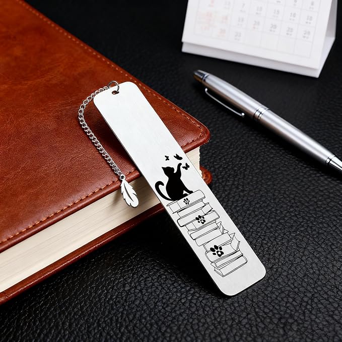 Cat Bookmark for Book Lovers, Gifts for Women Men - Stainless Steel Metal Book Mark with Feather Charm & Gift Box for Cat Mom, Readers, Friends, Christmas & Birthdays