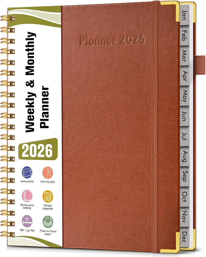 2026 Planner, Hardcover Leather Weekly and Monthly Planner, January 2026 - December 2026, Spiral Yearly Agenda Organizer Book 2026 with Tabs, Daily Calendar Planners for School Work Home, A4 (8.5" x 11"), Brown