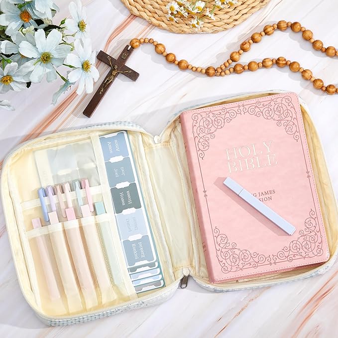 Sinload Quilted Bible Cover Case for Women Large Carrying Bag with Organizer Tabs 6 Colored Pens 6 Highlighters Book Tote Bags with Handle Bible Carry Supplies Christian Gifts(Blue Patch)