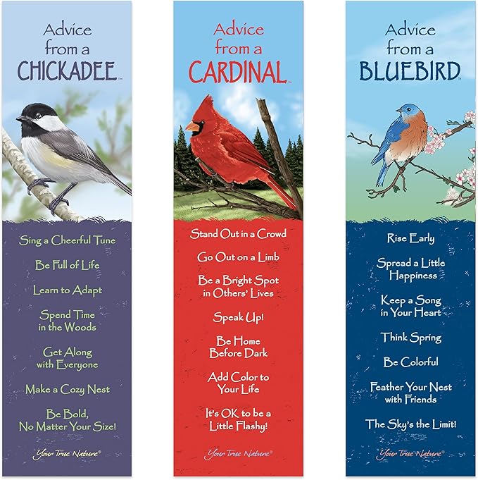 Advice 3 Bookmark Bird Set, Laminated with Glossy Finish, Printed on Recycled Paper, Cardinal, Chickadee, Bluebird (AMBM-Birds)