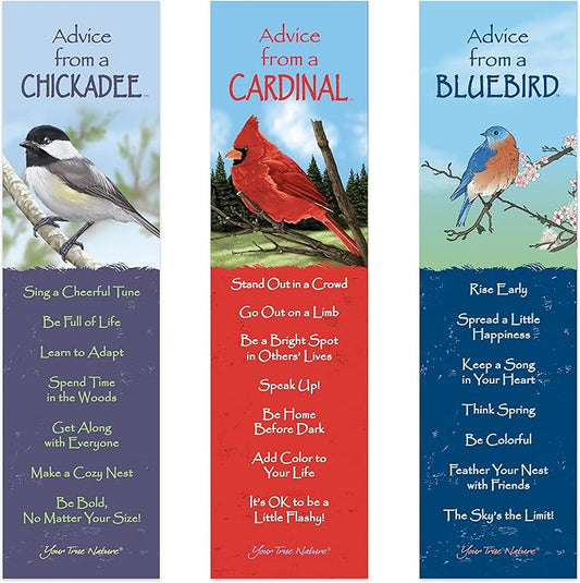 Advice 3 Bookmark Bird Set, Laminated with Glossy Finish, Printed on Recycled Paper, Cardinal, Chickadee, Bluebird (AMBM-Birds)