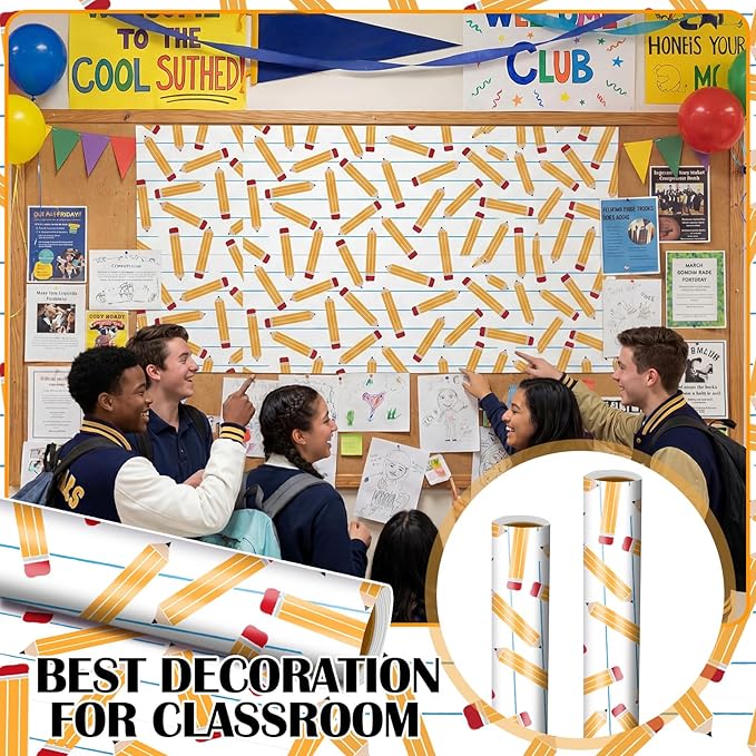 Ctosree 2 Roll Lined Pencils Bulletin Board Paper 4x12ft/1.2x3.6m Non Woven Bulletin Background Wallpaper Fade Resistant Board Roll Decoration for Arts Crafts Office School Classroom(White Yellow)