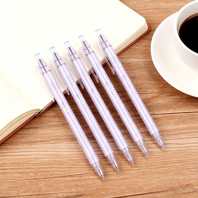 6Pcs Cute Purple Cherry Blossom Mechanical Pencils 0.5mm&0.7mm Mechanical Pencil Kawaii Pencils School Pencil for Students Women Office School Suppies