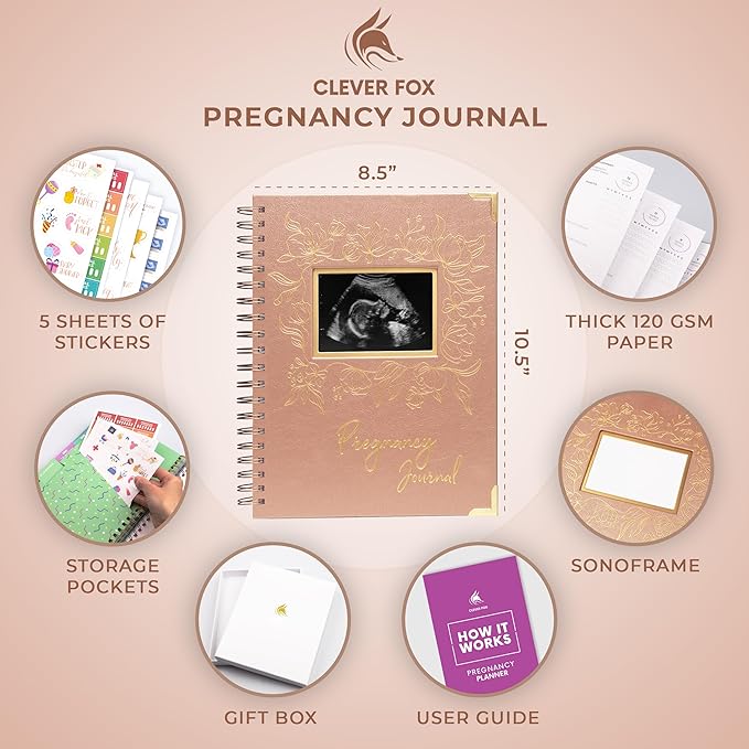 Clever Fox Pregnancy Journal & Memory Book - Pregnancy Planner & Notebook for Expecting Moms – Baby Keepsake, First Time Moms Gift (Rose Gold, 9" x 10.5" SonoFrame Edition)