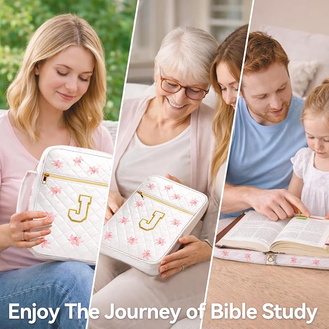 Bible Bag for Women, Bible Cover Case with Study Supplies, Initials Personalized Quilted Bible Bag, Large Chenille Bible Cover – Christian Gift for Girls (Pink Lilies-J)