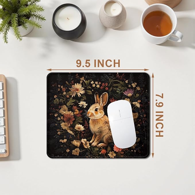 Vintage Floral Bunny Mouse Pad, Gifts for Bunny and Rabbit Lovers, Dark Cottagecore Moody Flower Rabbit Mouse Pad for Home Office Computer Gaming Desk Essentials, 9.5x7.9 Inch