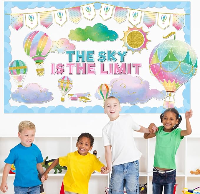 Hot Air Balloon Bulletin Board The Sky is The Limit Classroom Bulletin Board Decorations Colorful Hot Air Balloon Cloud Cutouts Decorations for Back to School Office Home Chalkboard Decor Wall Door