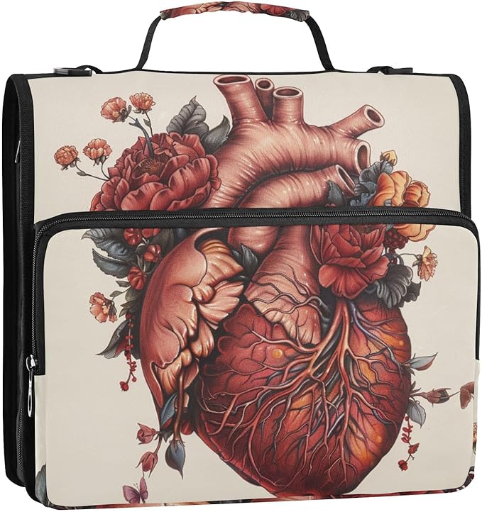 ALAZA Heart Flower Gothic 3 Ring School Zipper Binder Bag Expanding File Folder Case Briefcase with Shoulder Strap
