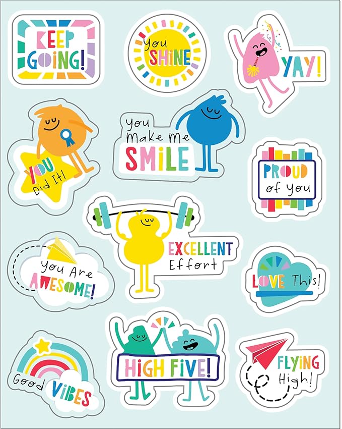 Carson Dellosa Happy Place Stickers - 72pc Good Vibes Cartoon Character Colorful Fun Classroom Teacher Motivational Rewards, Awards, Incentives, Prizes, Good Work