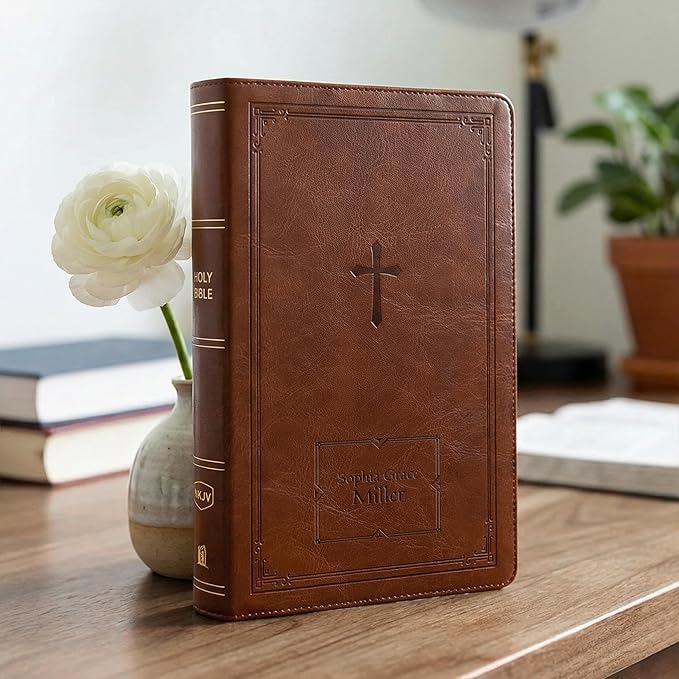 Personalized NKJV Reference Bible, Custom Name Text & Design, New King James Version, Large Print, Red Letter, Cross References, Faux Leather Brown, Baptism Confirmation Gift